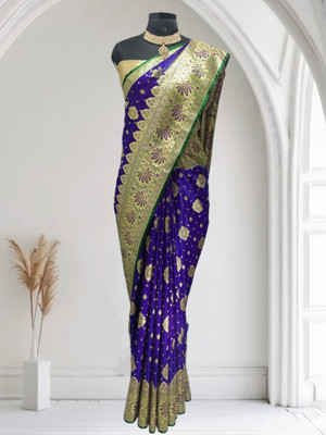 aksham silk saree Striped Banarasi Nylon Saree(Dark Blue)