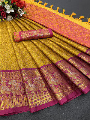 Aika Solid/Plain Banarasi Pure Silk Saree(Orange)