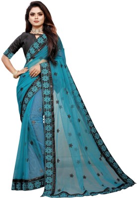 ALAGINI Temple Border, Embroidered Bollywood Net, Supernet Saree(Green)