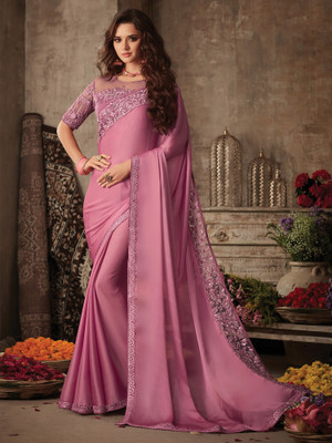 Sareemall Embroidered, Solid/Plain Bollywood Chiffon Saree(Purple)