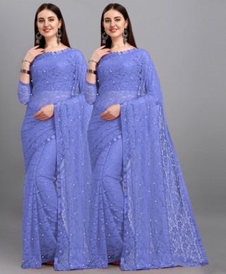 LOROFY Self Design Bollywood Net Saree(Pack of 2, Blue)