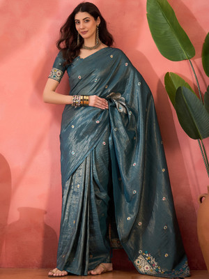 Sangria Self Design Saree with Attached Blouse Silk Blend Saree(Light Blue)