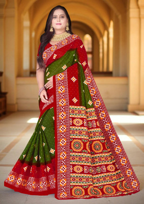 Odissi Fashion Printed Sambalpuri Pure Cotton Saree(Red, Green)