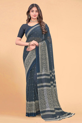 ZAMUNA Geometric Print Daily Wear Georgette Saree(Blue)