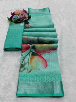 Gajal Printed Bollywood Linen, Cotton Linen Saree(Pack of 2, Light Blue)