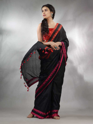 GaurabHandloom Self Design Handloom Cotton Blend Saree(Black)