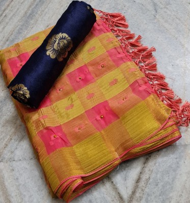 MINE CHOICE Woven, Checkered Banarasi Jacquard, Chiffon Saree(Pink, Cream)