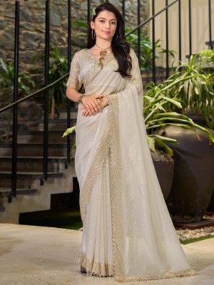 Sareemall Embellished Bollywood Organza Saree(Cream)