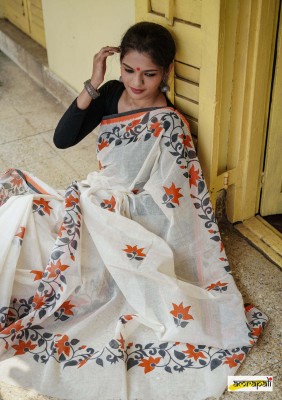 ADK Printed, Floral Print, Graphic Print Handloom Pure Cotton Saree(White, Orange, Black)