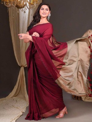 BRYNBRIT Solid/Plain Handloom Cotton Blend Saree(Maroon, Grey)