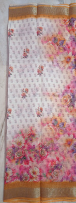 RRShop Floral Print Bollywood Cotton Silk Saree(Cream, White)