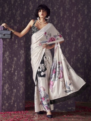 Tikhi Imli Floral Print Bollywood Satin Saree(White, Black)