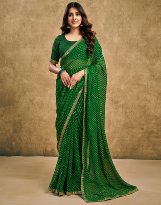 Satrani Printed, Embroidered, Embellished Bollywood Georgette, Chiffon Saree(Green)