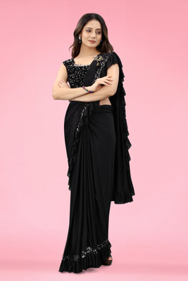 Shrithi Fashion Fab Solid/Plain Bollywood Lycra Blend Saree(Black)