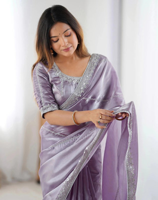 Satrani Embroidered, Embellished Bollywood Jimmy choo, Tissue Saree(Purple)