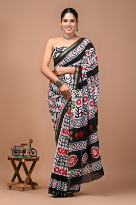 COTTON MULMUL STORE Printed, Floral Print, Blocked Printed, Hand Painted Daily Wear Pure Cotton Saree(White, Black)