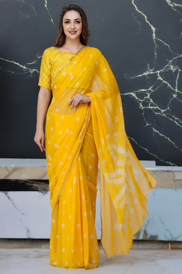 LIME Printed Bandhani Chiffon Saree(Yellow)