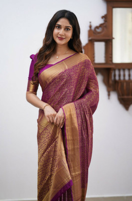 V V FASHION Printed Banarasi Pure Silk Saree(Blue)