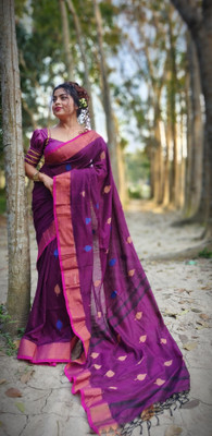 SAYAN CREATION Self Design Handloom Pure Cotton Saree(Purple)