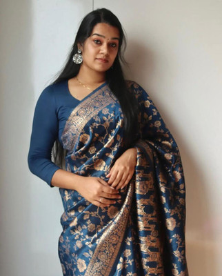 SetuMaalik Striped, Self Design, Woven, Embellished Banarasi Cotton Silk, Jacquard Saree(Blue)
