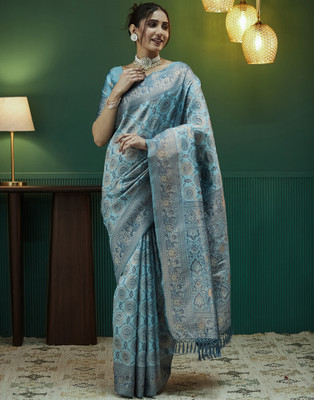 Satrani Woven, Embellished Banarasi Silk Blend Saree(Blue)