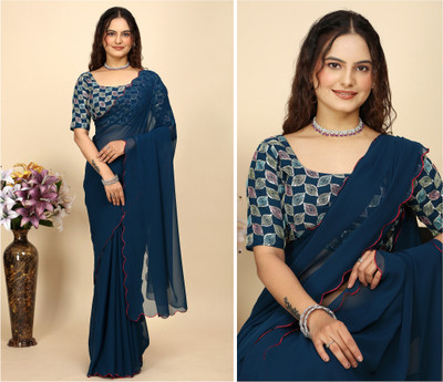 niesha fashion Embroidered, Solid/Plain Daily Wear Chiffon Saree(Dark Blue)