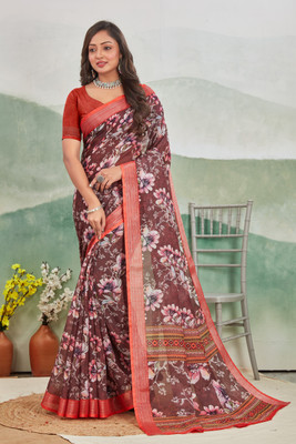 DHARMRAJ ENTERPRISE Digital Print Assam Silk Cotton Linen Saree(Orange)