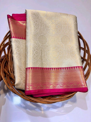 Akram Textiles Hub Woven Banarasi Cotton Silk, Art Silk Saree(Pink, White)