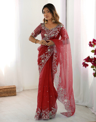 Satrani Embroidered, Embellished Bollywood Organza Saree(Red)