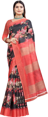 VISHNU Printed Kanjivaram Pure Cotton, Chanderi Saree(Black, Red)