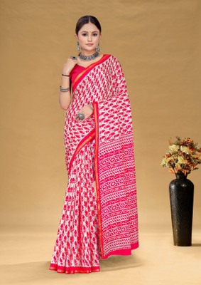 Divastri Blocked Printed, Printed Chanderi Cotton Blend Saree(White, Pink)