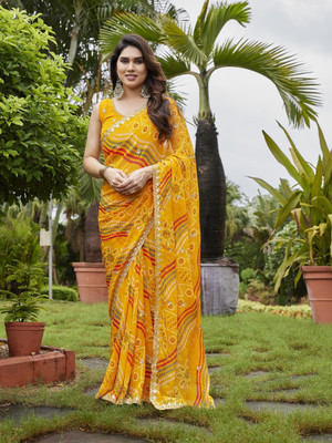 THE URBAN DIVA Printed Bollywood Georgette Saree(Yellow, Red, Green)