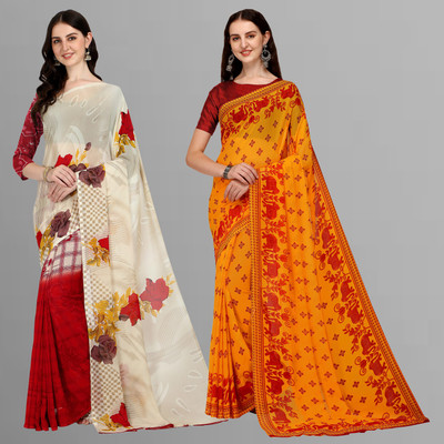 Anand Sarees Printed Daily Wear Georgette Saree(Pack of 2, Red, Pink, Yellow)