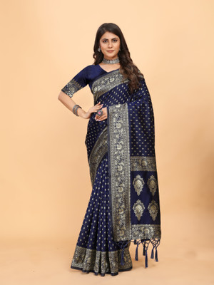 Tejal Creation Self Design Banarasi Pure Silk Saree(Blue)