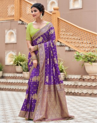 Satrani Dyed, Self Design, Woven Banarasi Silk Blend Saree(Purple, Gold)