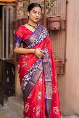 AA ONE ENTERPRISE Printed Madhubani Cotton Silk Saree(Black)