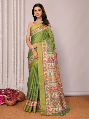 Janasya Printed, Floral Print Chanderi Silk Blend Saree(Green)