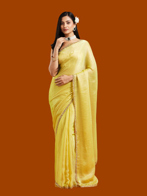 Croza Solid/Plain Chanderi Chiffon, Tussar Silk Saree(Yellow)