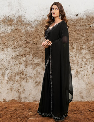 Suryakshi Creation Solid/Plain Bollywood Georgette Saree(Black)