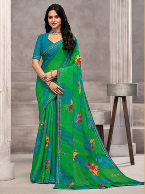 Tasrika Floral Print Bollywood Chiffon Saree(Green)