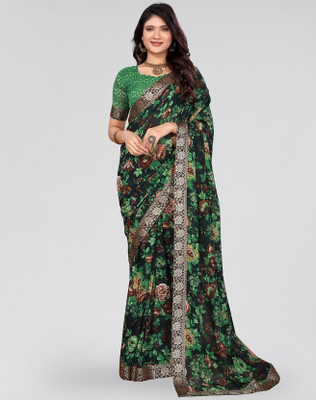 ANIRAV Printed Bollywood Georgette, Lace Saree(Green)