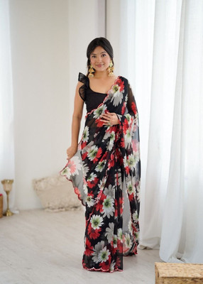 Shreekaara Floral Print, Printed Daily Wear Georgette Saree(Black)