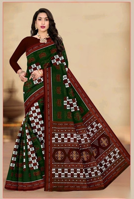 mayur Printed Sambalpuri Cotton Blend Saree(Dark Green, Red)