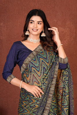 ZAMUNA Geometric Print Daily Wear Georgette Saree(Green)