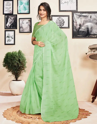 HouseOfCommon Geometric Print Bollywood Cotton Linen Saree(Light Green)