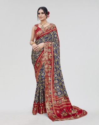 ANIRAV Floral Print Bollywood Tussar Silk Saree(Blue)