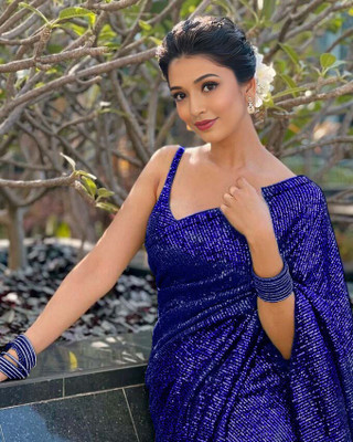 KalyaniTextile Embroidered, Embellished Bollywood Georgette Saree(Blue)