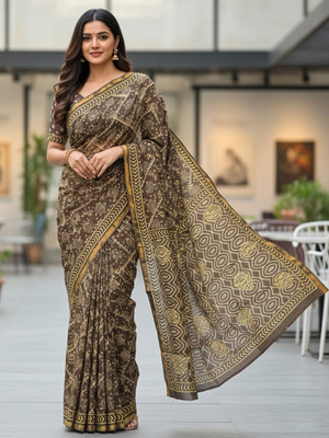 MODERRY Blocked Printed, Printed Daily Wear Pure Cotton, Mulmul Saree(Brown)