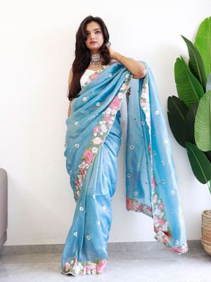 ANOUK Embroidered Chanderi Georgette Saree(Blue)