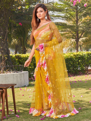 SARIK Dyed, Embroidered, Printed, Solid/Plain Bollywood Net Saree(Yellow)